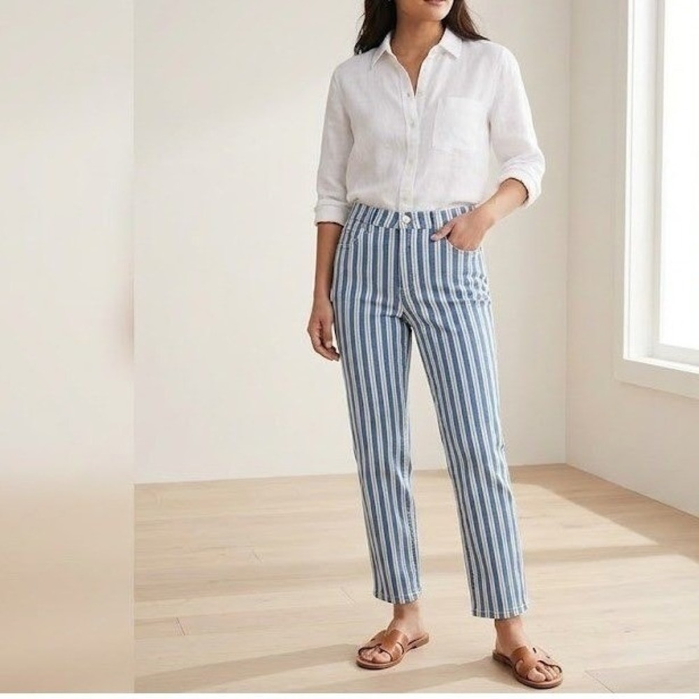 Lands' End‎ Womens 8P Slim Straight Jeans Blue Stripe High Waisted Coastal Denim